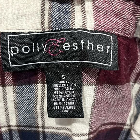 Polly & Esther Button Up Shirt Plaid Flannel Stretch Panel Burgundy Size Small - Picture 3 of 3